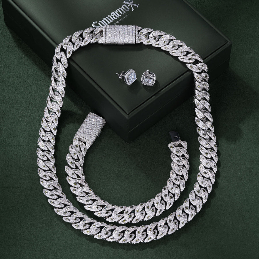 Gem-Accent Cuban Link Chain & Bracelet Set with Studs – 14K Gold
