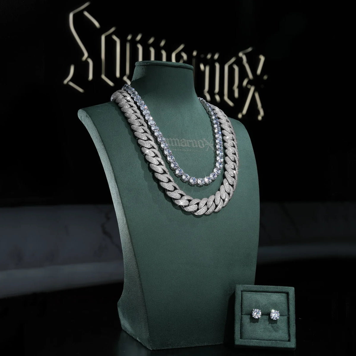 Sommarnox Cuban and tennis two-chain set with earrings
