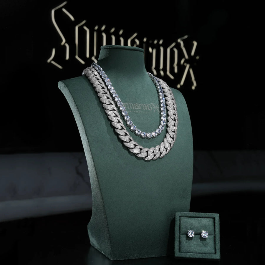 Cuban Link & Tennis Chain Set with Stud Earrings – 14K Gold