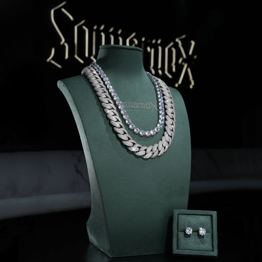 Sommarnox Cuban and tennis two-chain set with earrings