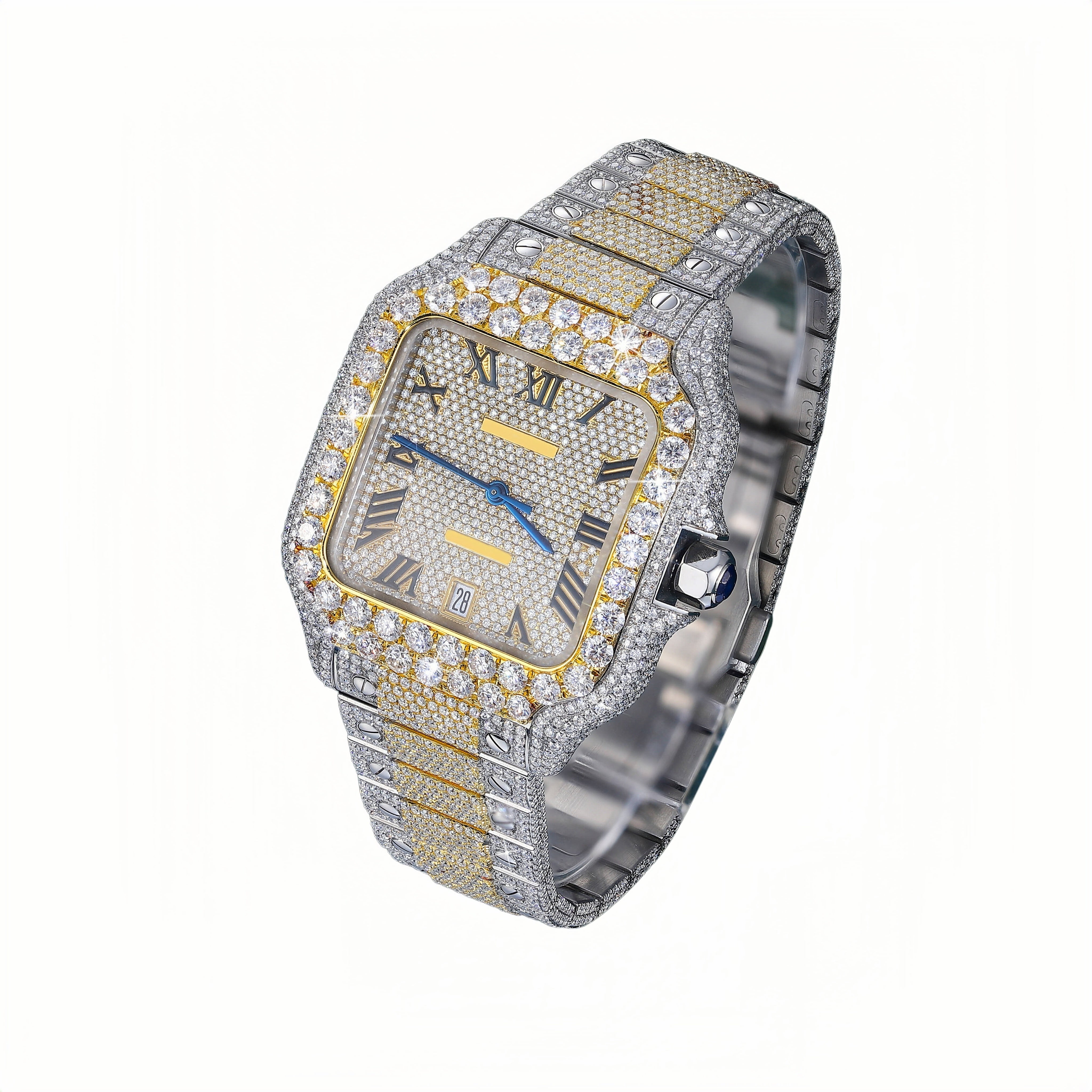 Two-Tone Iced Out Moissanite Watch – Roman Dial Luxury Pavé Design